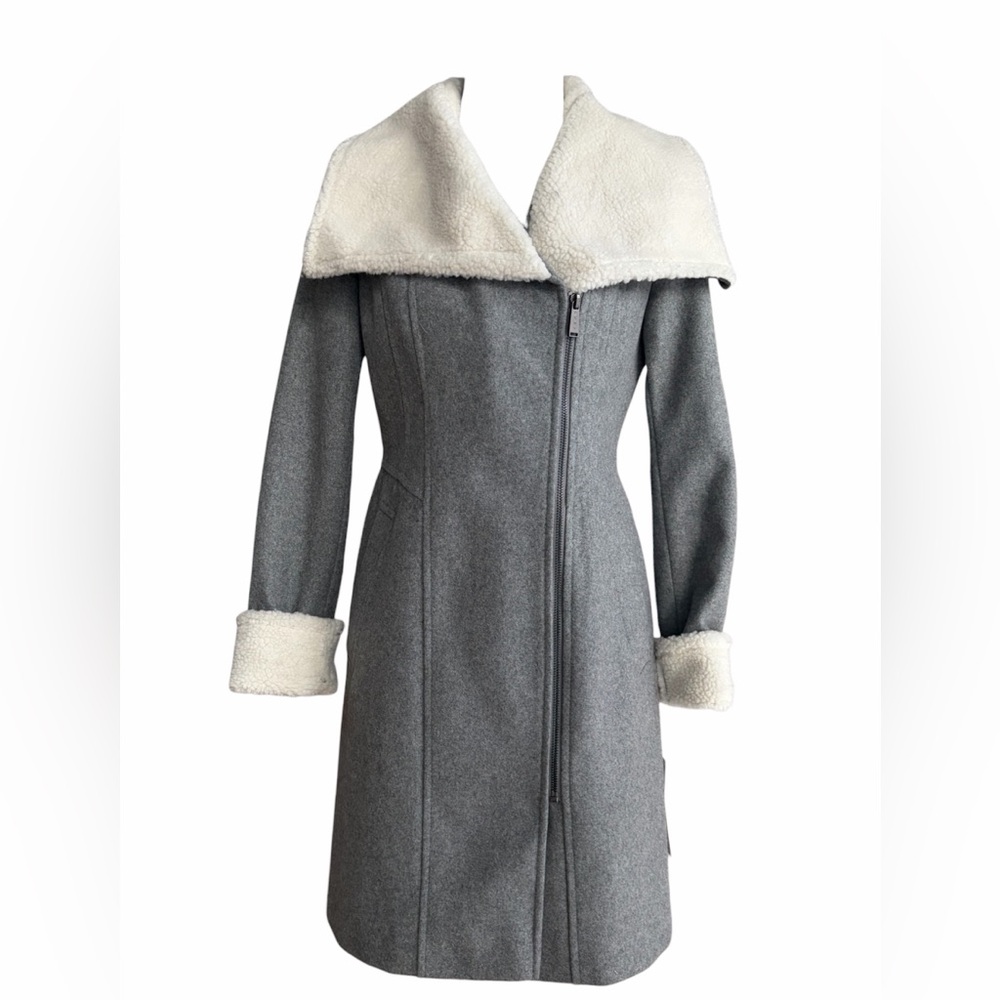 DKNY Gray Faux Shearling Trim Coat NWT Asymmetrical Zip Wool Blend